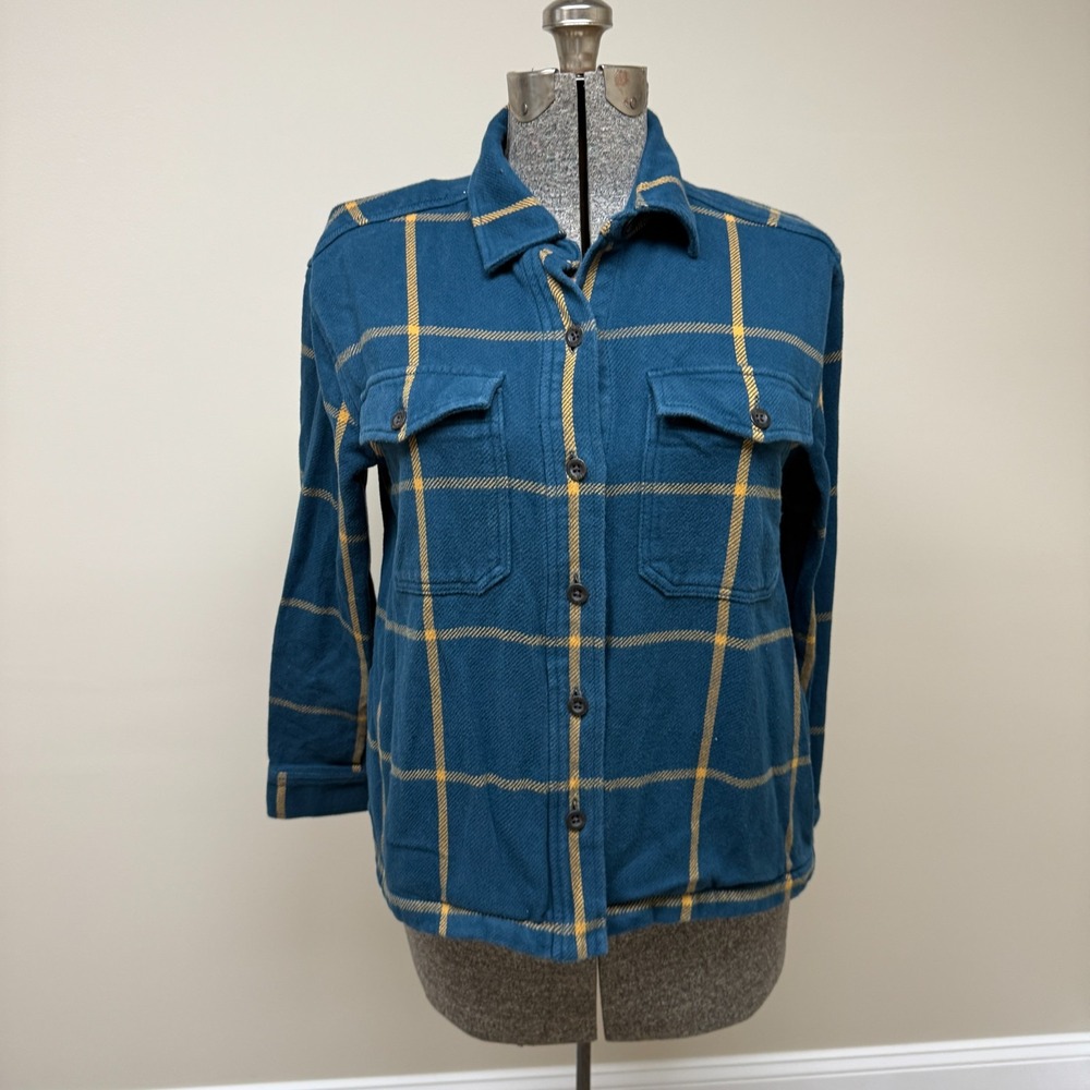 Eddie Bauer Boyfriend Fit Flannel Plaid Shacket Women Large Teal Pockets Outdoor